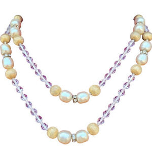 Vintage 50s‎ faceted Clear, Faux Pearl, yellow metal Rhinestone Beaded Necklace